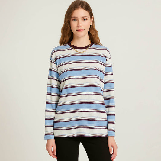Cherie Code Women’s Stripe T-Shirt – Cotton Blend, Long Sleeve, Contrast Trim