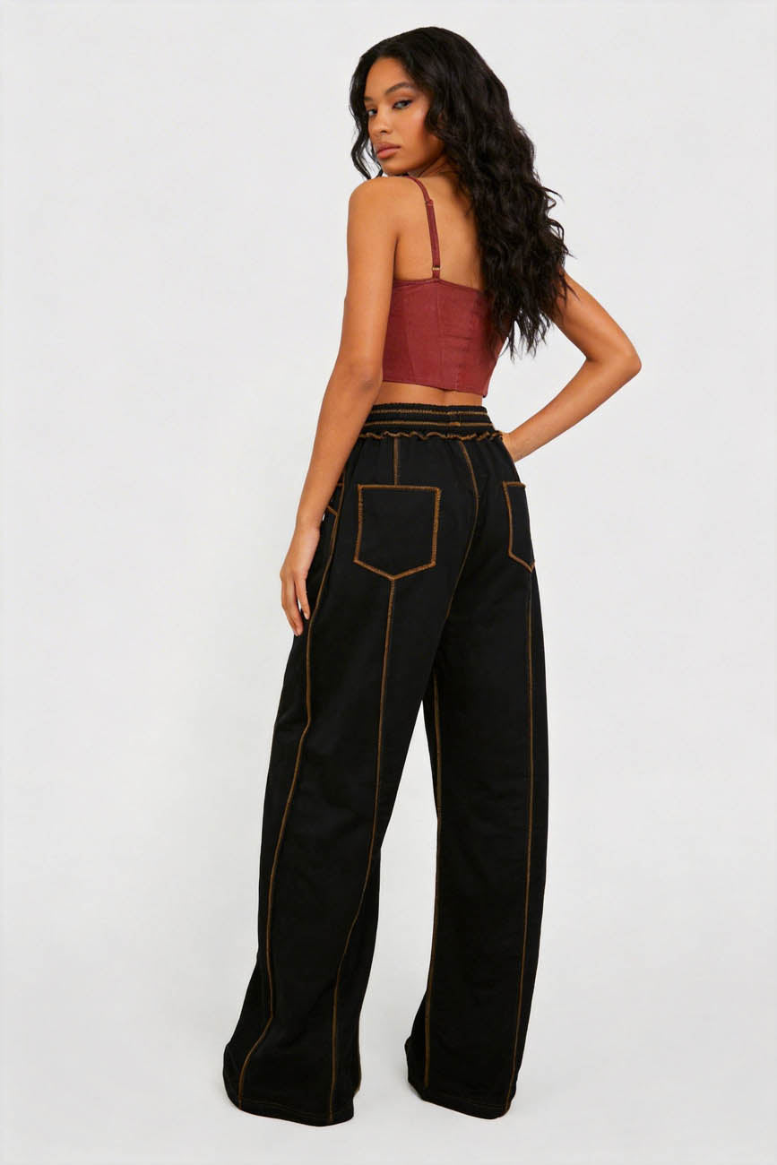 Cherie Code Women's High-Rise Wide Leg Pants with Drawstring and Pockets – Stretch Knit Casual Lounge Pants