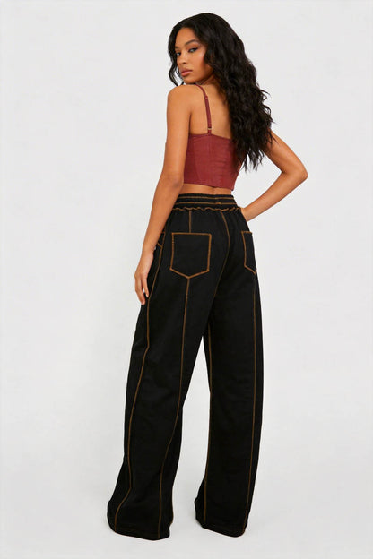 Cherie Code Women's High-Rise Wide Leg Pants with Drawstring and Pockets – Stretch Knit Casual Lounge Pants
