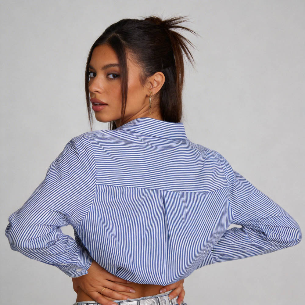 Women Blue Stripe Button-Down Shirt with Turn-Down Collar & Cuffed Sleeves – Polyester-Cotton Blend Cherie Code