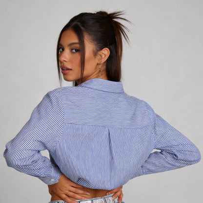 Women Blue Stripe Button-Down Shirt with Turn-Down Collar & Cuffed Sleeves – Polyester-Cotton Blend Cherie Code