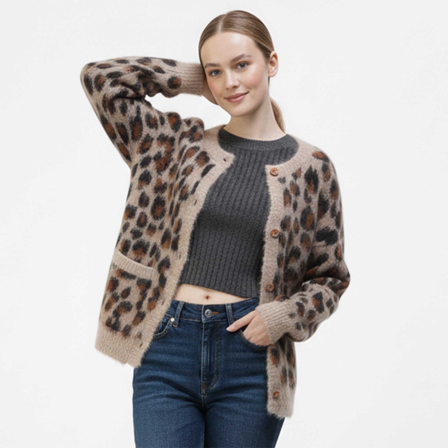 Cherie Code Women’s Leopard Print Knit Cardigan – Button‑Front Round Neck Sweater with Pockets