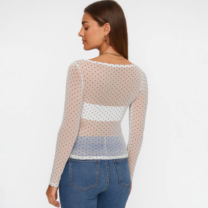 Cherie Code Women’s Knit Top – Polka Dot, Square Neck, Long Sleeve