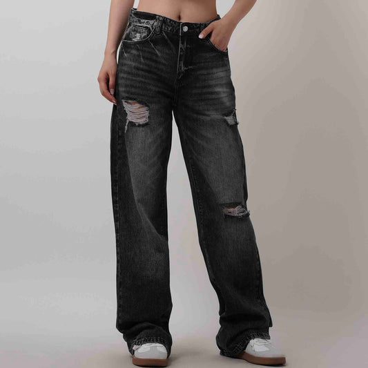 Women's High Waist Straight Leg Jeans - Distressed Wash with 5-Pocket Design Cherie Code