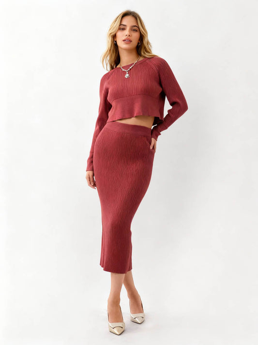 Women's Sweater Set - Stretch Knit Top & Back-Slit Midi Skirt Matching Set Cherie Code