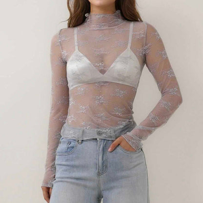 Women's Floral Lace Slim-Fit Top – Sheer Stretch Tee with Baby Overlock Edge Cherie Code