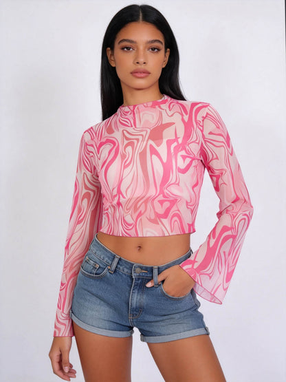 Cherie Code Women's Pink Marble Print Long Sleeve Crop Top – Slim Fit Bell Sleeve Mock Neck Y2K Fashion Going Out Shirt