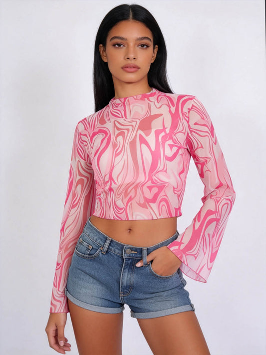 Cherie Code Women's Pink Marble Print Long Sleeve Crop Top – Slim Fit Bell Sleeve Mock Neck Y2K Fashion Going Out Shirt