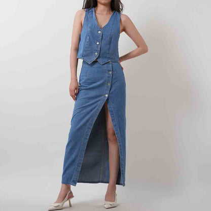 Breathable Denim Vest & Split Hem Skirt Set - Sleeveless with Button Front & Casual Fit Cherie Code