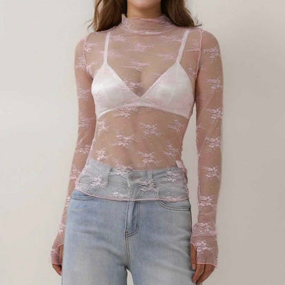 Women's Floral Lace Slim-Fit Top – Sheer Stretch Tee with Baby Overlock Edge Cherie Code