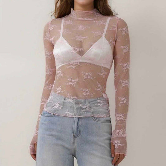 Women's Floral Lace Slim-Fit Top – Sheer Stretch Tee with Baby Overlock Edge Cherie Code