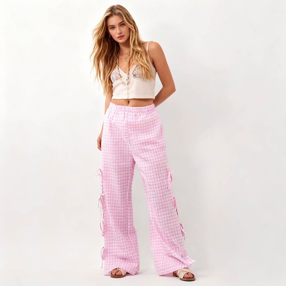 Women Everyday Checked Elastic Waist Side Strape Bowtie Casual Loungewear Pants Cherie Code