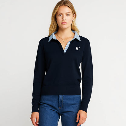 Cherie Code Women’s Ribbed Polo Sweater – Knit Fabric, Long Sleeve, Collegiate Fit