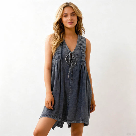Women's Denim Romper - Sleeveless V-Neck Jumpsuit with Tie Front & Pockets Cherie Code