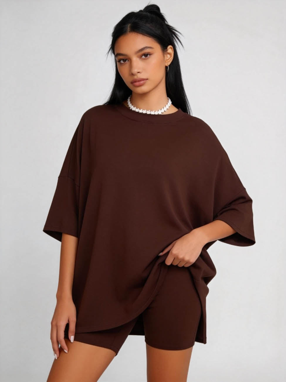 Women’s 2-Piece Lounge Set – Soft Stretch Viscose Short Sleeve Top & Matching Shorts, Slim Fit Casual Outfit
