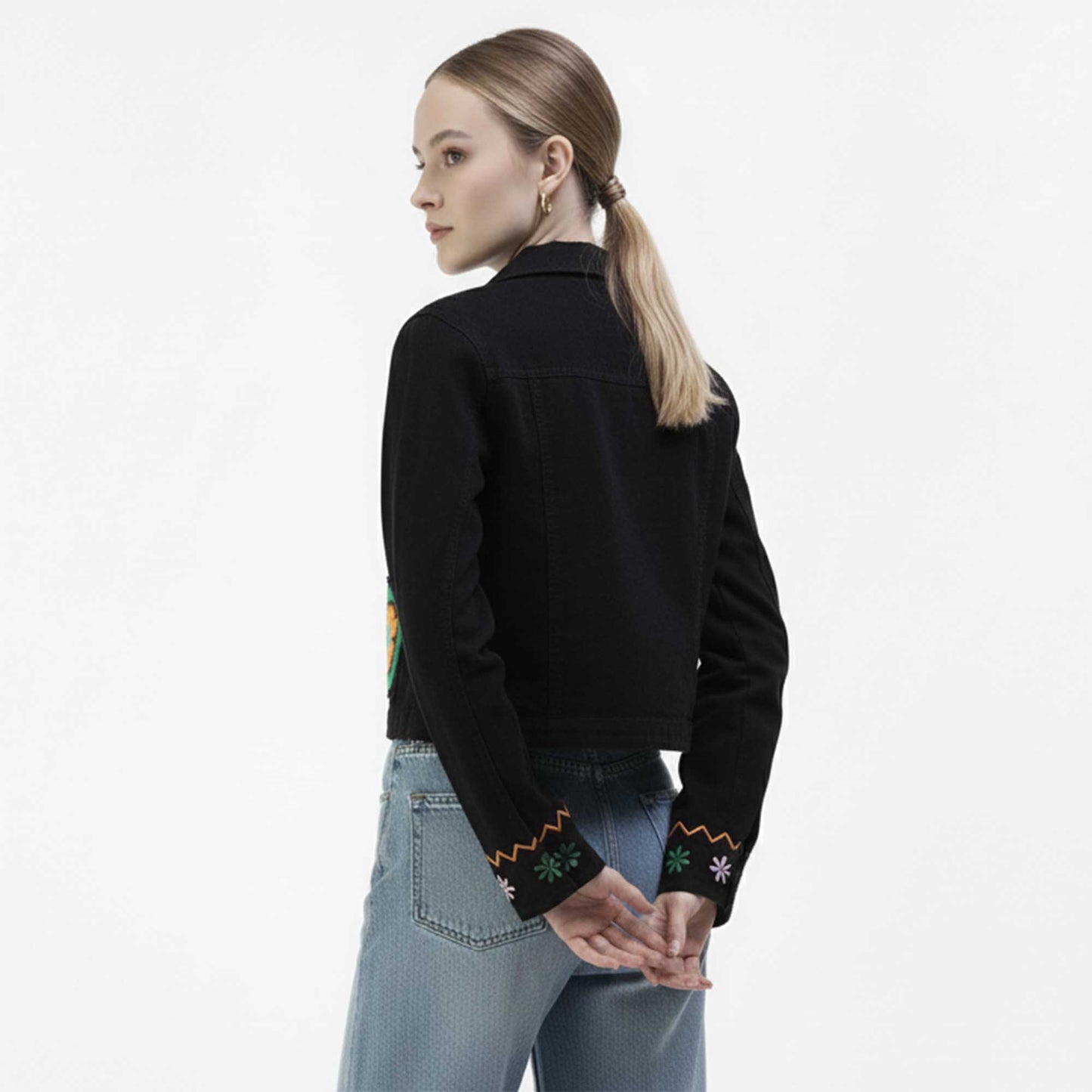 Cherie Code Women’s Embroidered Floral Denim‑Style Jacket – Button‑Front Black Jacket with Pockets