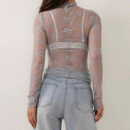 Women's Floral Lace Slim-Fit Top – Sheer Stretch Tee with Baby Overlock Edge Cherie Code