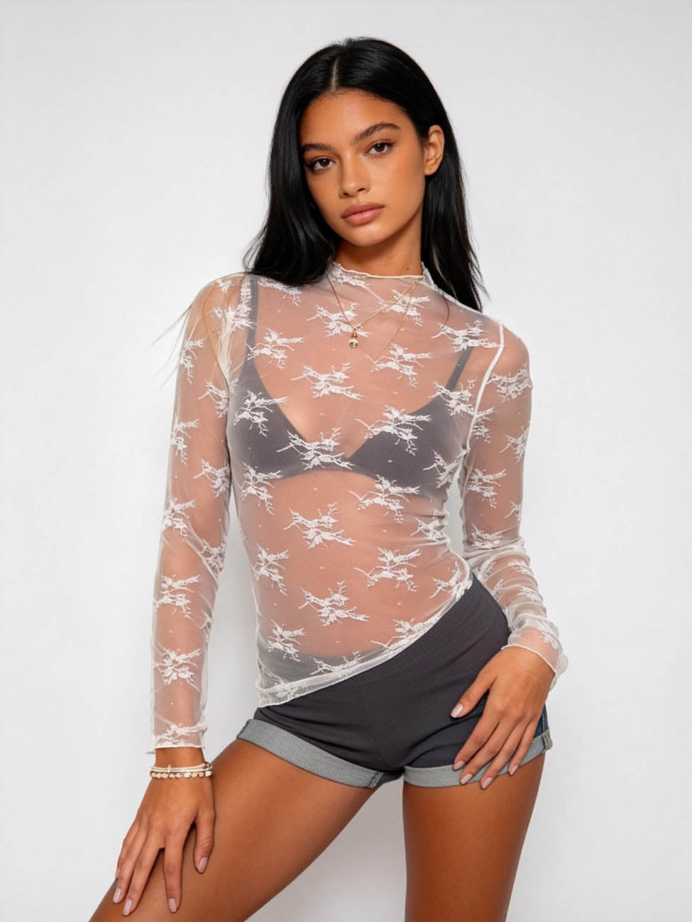 2 piece Women’s  Sheer Lace Long Sleeve Top – High Neck, Sexy & Layering Essential Cherie Code Buy 2 Save!