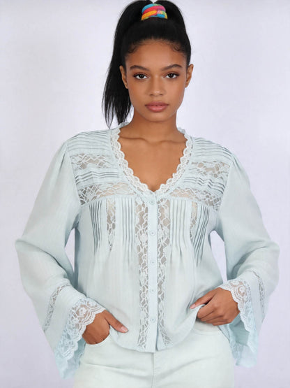 Cherie Code Women’s Lace‑Trim Ruffle Blouse – V‑Neck Button‑Down Top with Bell Sleeves