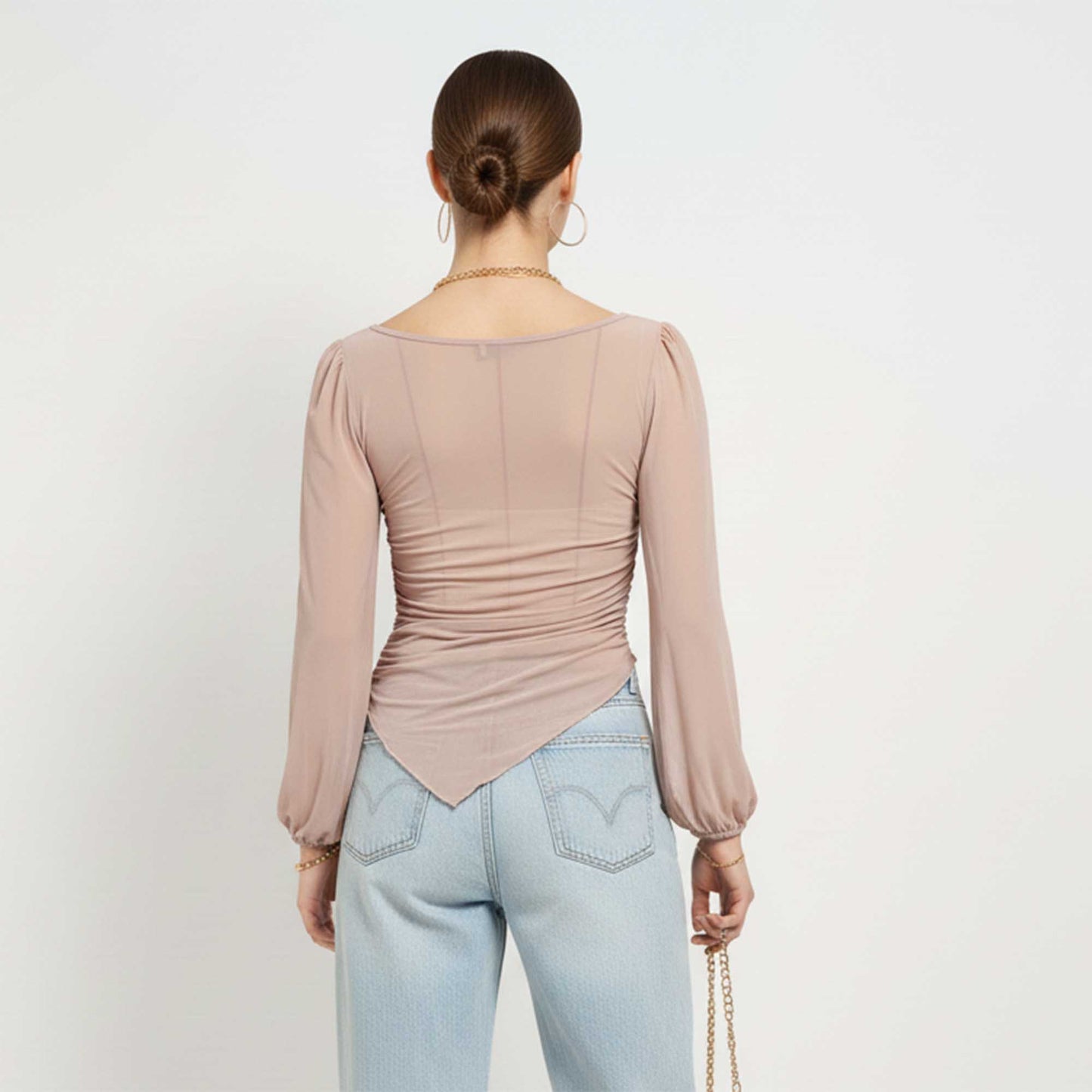 Cherie Code Women’s Mesh Tie‑Front Long Sleeve Top – Sheer Panel Ruched Knit Blouse