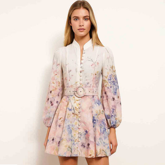 Women's Floral Belted Long Sleeve Mini Dress – Elegant Button Front Ruffle Hem by Cherie Code