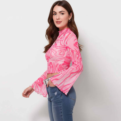 Cherie Code Women's Pink Printed Mesh Flare Sleeve Crop Top – Stretch Slim Fit Turtleneck Blouse