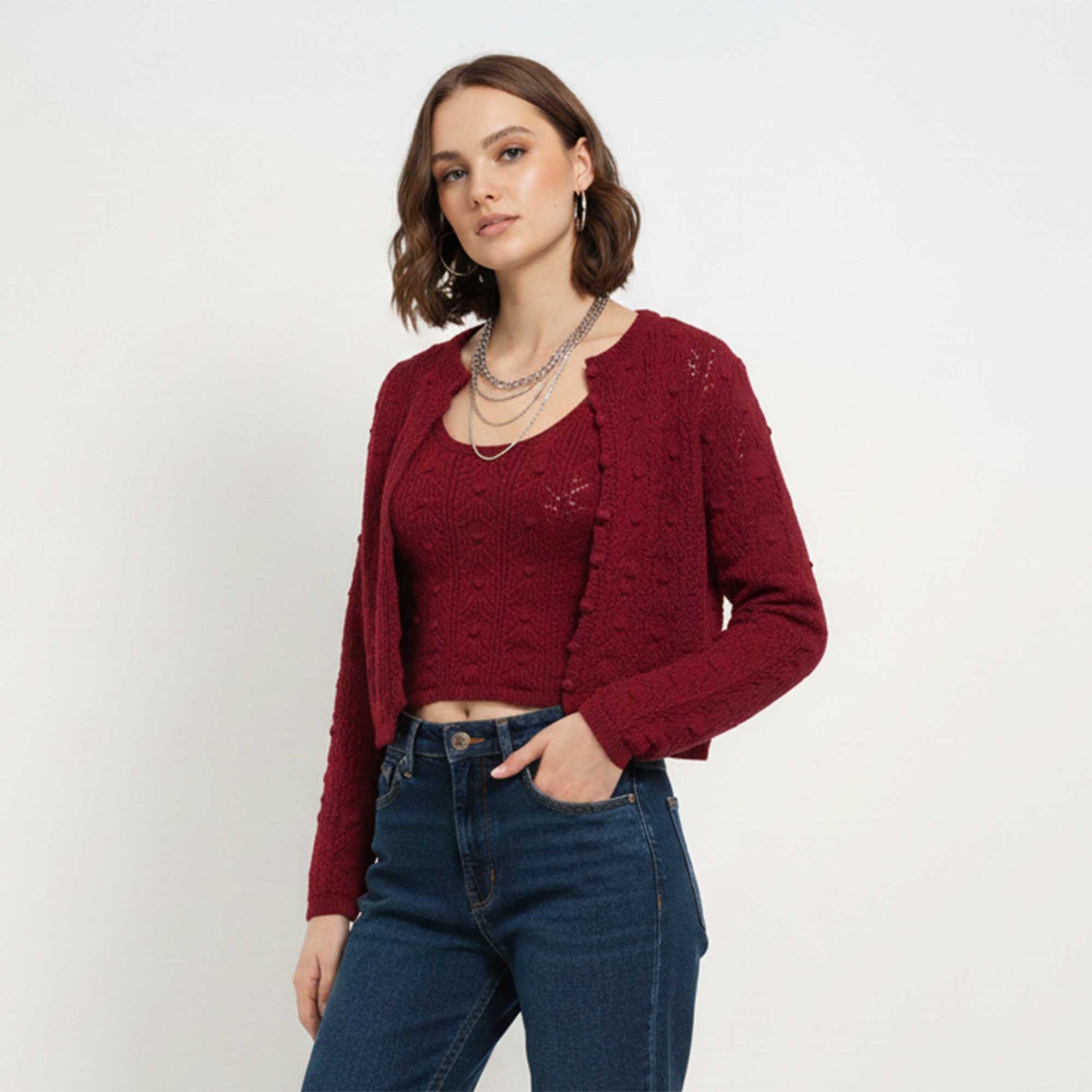 Cherie Code Women’s Open-Front Cardigan – Textured Knit, Long Sleeve, Cropped Fit