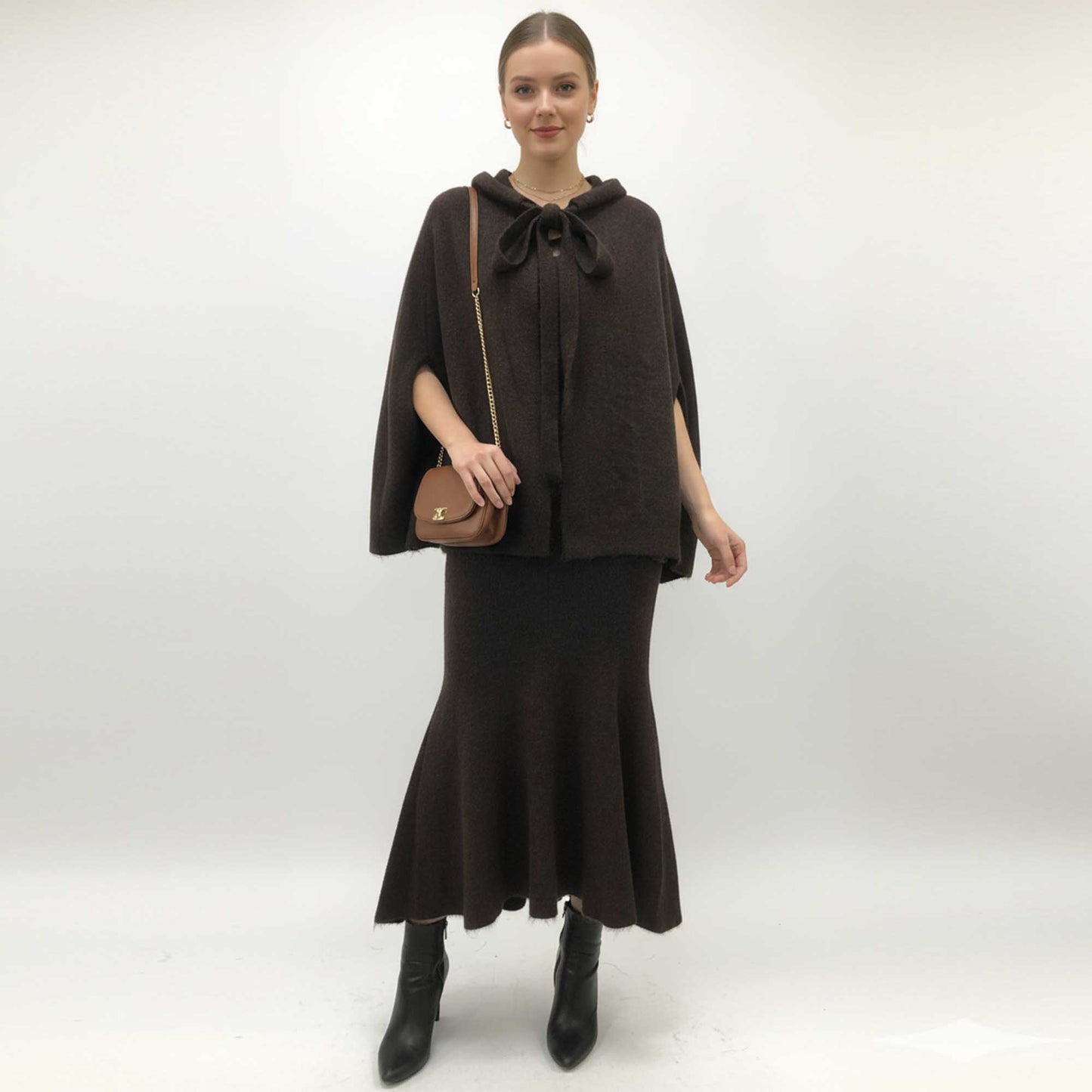 Cherie Code Women’s Knit Sweater Top & Long Dress Set – Square‑Neck Pullover & Tie‑Front Cape Layer