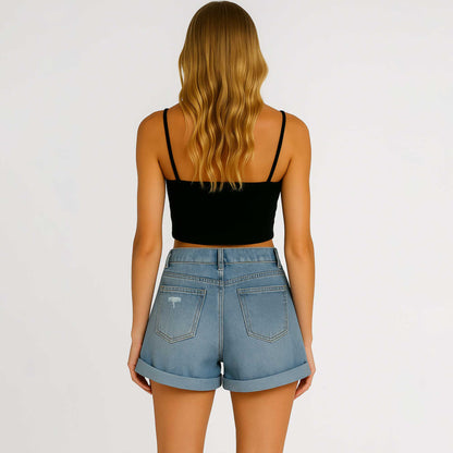 Women's Slim Fit Distressed Denim Shorts - Rolled Hem with Classic 5-Pocket Cherie Code