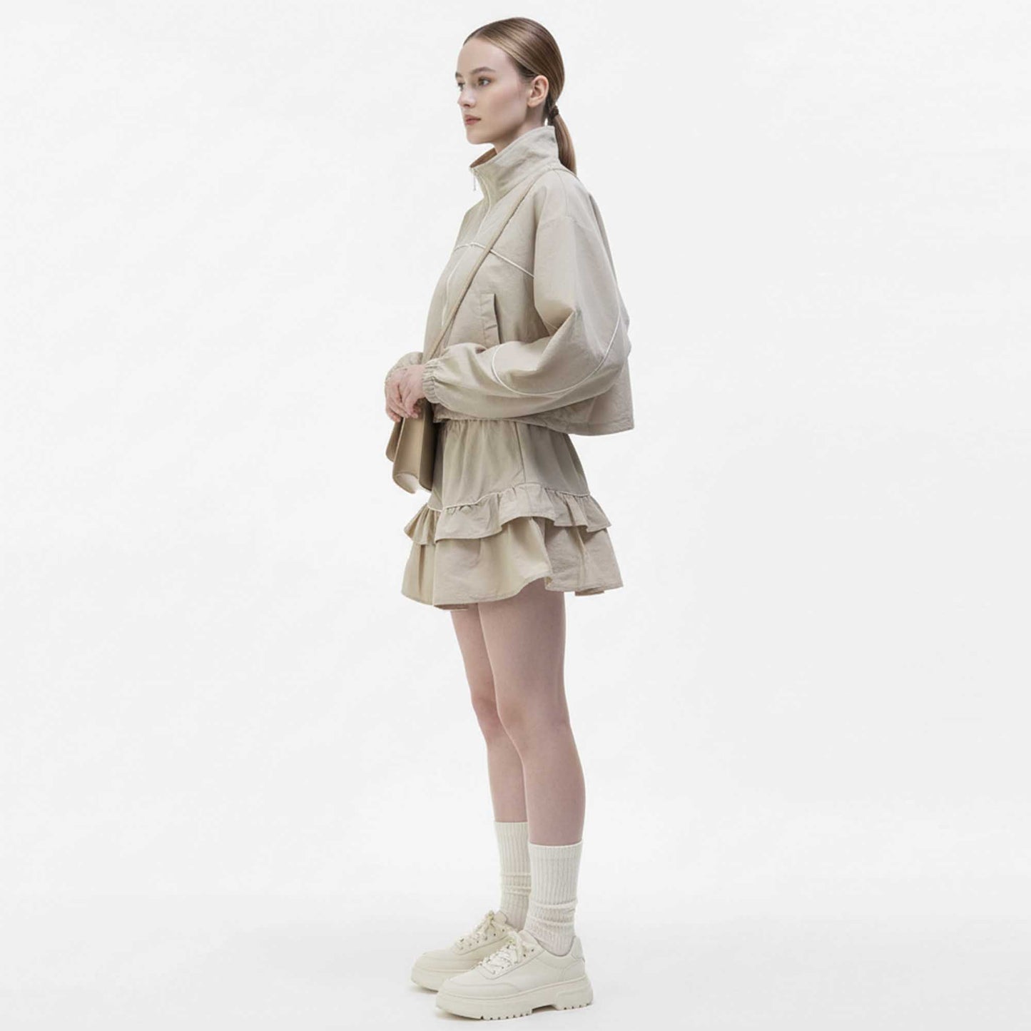 Cherie Code Women’s Plaid Patchwork Jacket & Tiered Ruffle Skort Set – Zipper Front, Stand Collar Casual Two‑Piec