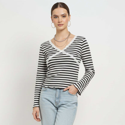 Cherie Code Women’s Black & White Striped Long Sleeve Tee – Lace‑Trim V‑Neck Casual Top