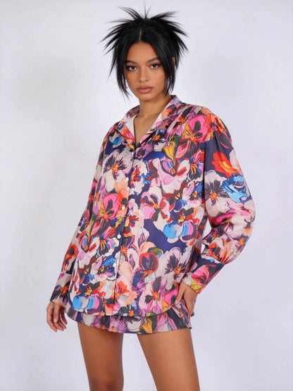 Women's Bold Floral Print Button Down Shirt – Lightweight Long Sleeve Relaxed Fit Blouse, Colorful Vacation Resort Casual Top