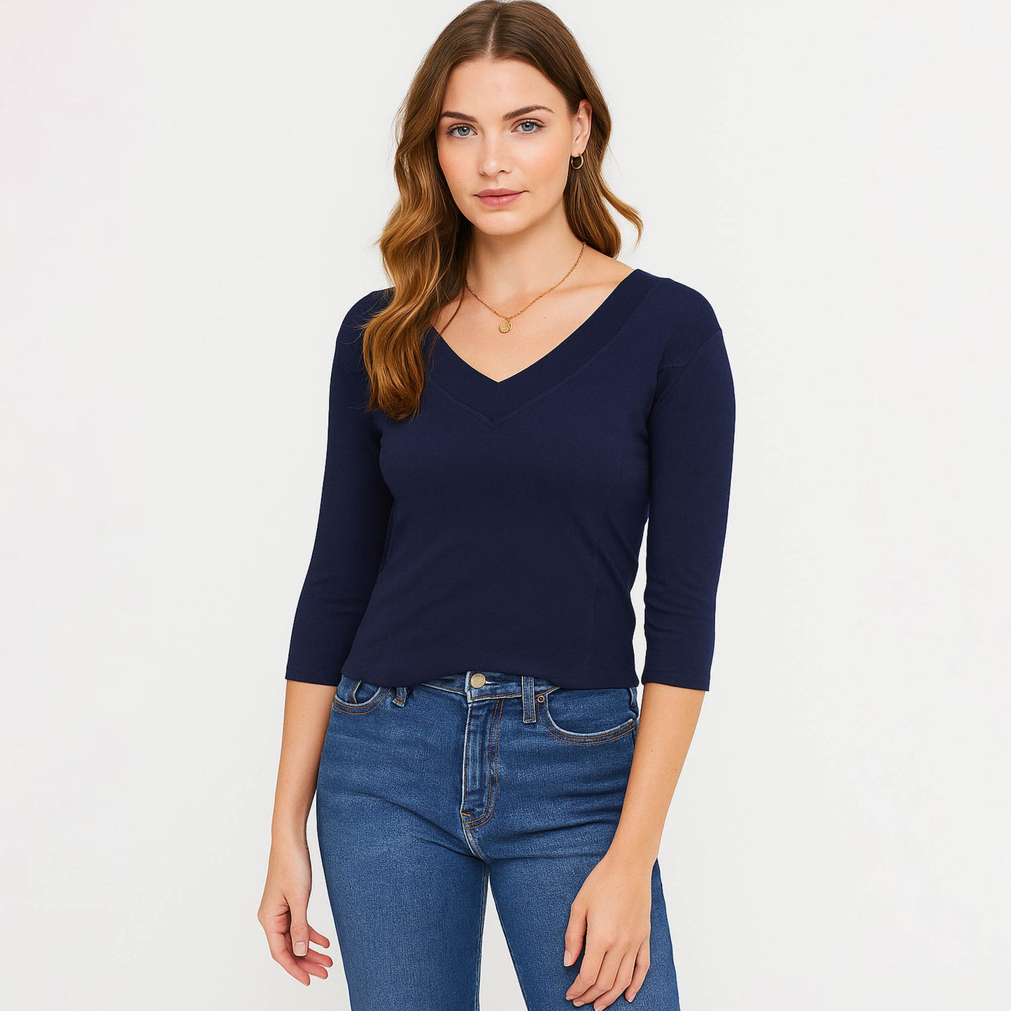 Cherie Code Women’s V-Neck Tee – Stretch Knit, Elbow Sleeve, Fitted Silhouette