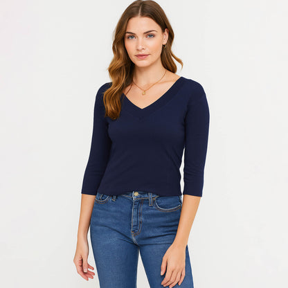 Cherie Code Women’s V-Neck Tee – Stretch Knit, Elbow Sleeve, Fitted Silhouette