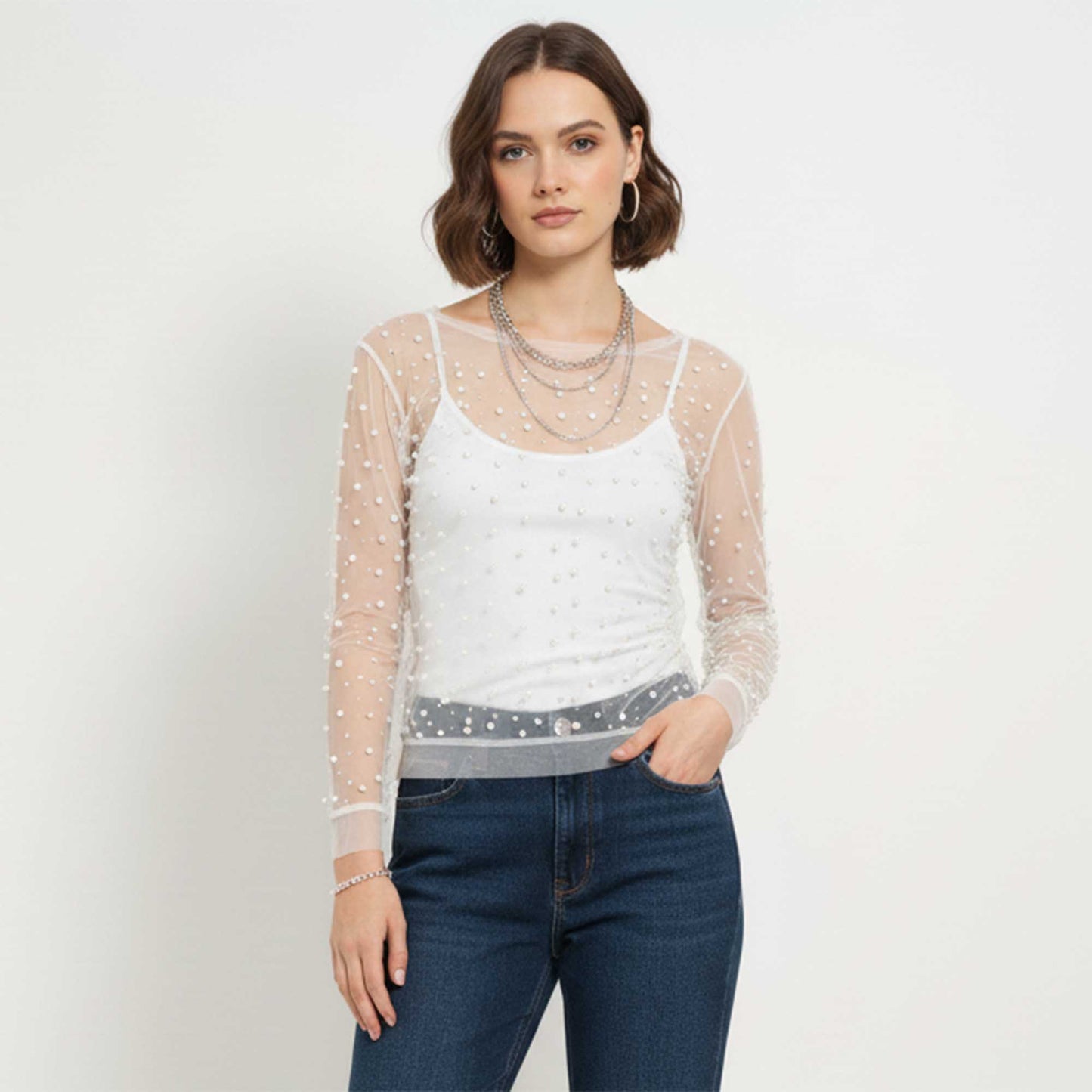 Women's Elegant Pearl & Rhinestone Sheer Top - Slim Fit Long Sleeve Layering Blouse Cherie Code