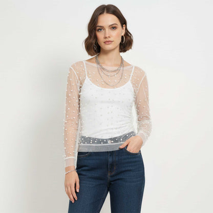 Women's Elegant Pearl & Rhinestone Sheer Top - Slim Fit Long Sleeve Layering Blouse Cherie Code