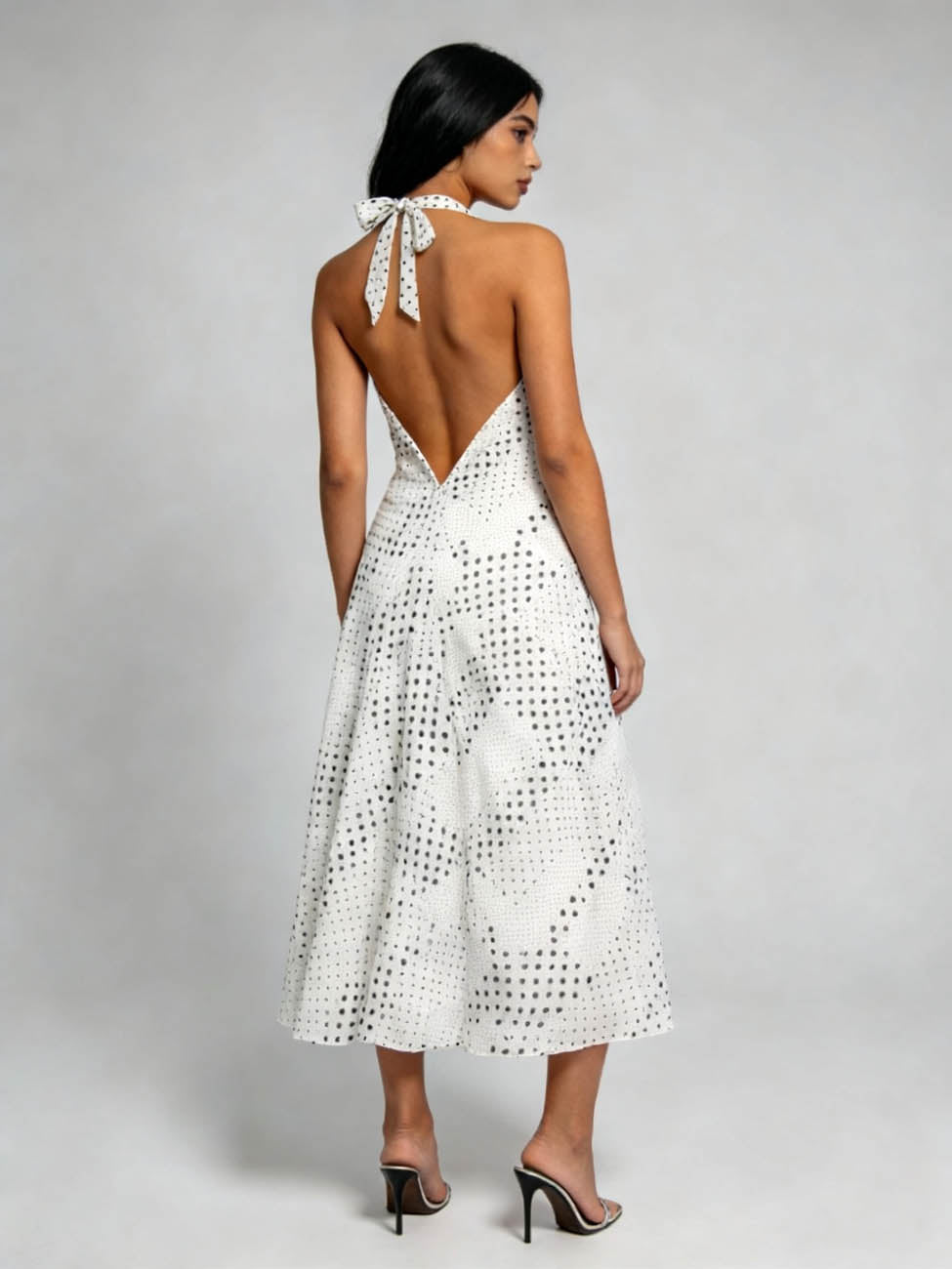 Cherie Code Women's Polka Dot Halter Midi Dress – Sleeveless Deep V Flowy A-Line Summer Vacation Dress
