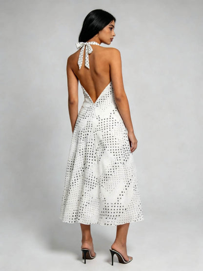 Cherie Code Women's Polka Dot Halter Midi Dress – Sleeveless Deep V Flowy A-Line Summer Vacation Dress