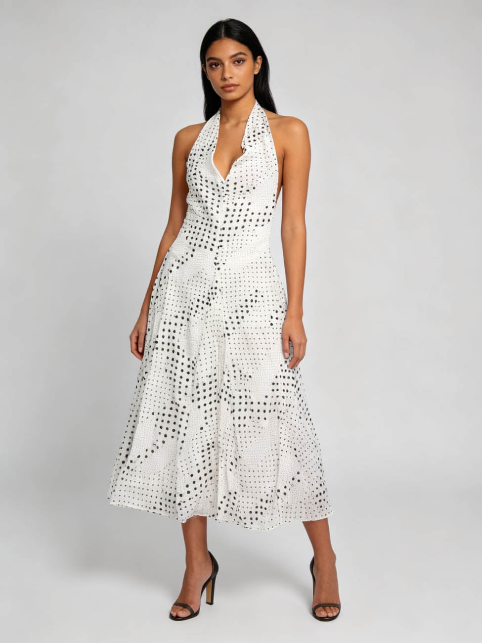 Cherie Code Women's Polka Dot Halter Midi Dress – Sleeveless Deep V Flowy A-Line Summer Vacation Dress