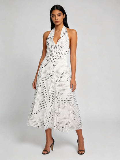 Cherie Code Women's Polka Dot Halter Midi Dress – Sleeveless Deep V Flowy A-Line Summer Vacation Dress