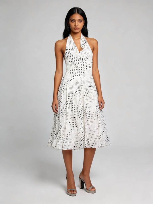 Cherie Code Women's Polka Dot Halter Midi Dress – Sleeveless Deep V Flowy A-Line Summer Vacation Dress