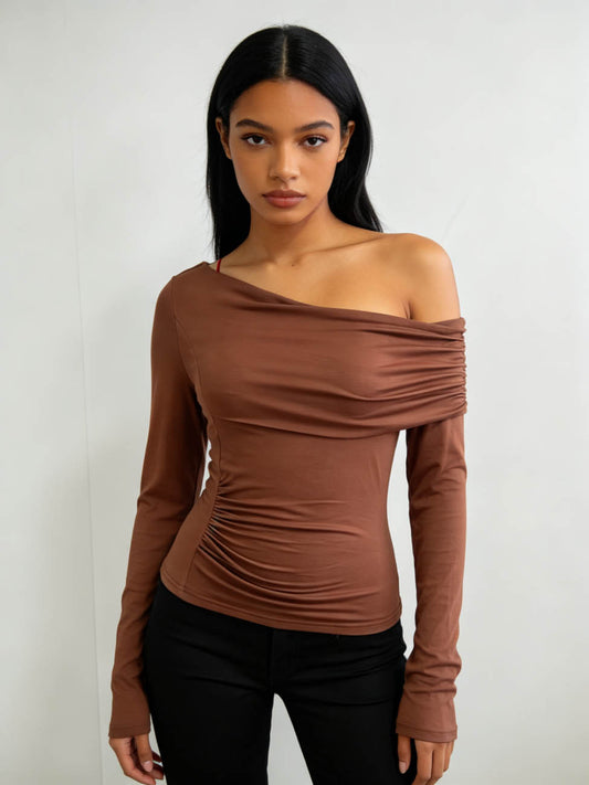 Women's Off Shoulder Ruched Long Sleeve Slim Fit Top – Soft Stretch Asymmetrical Neck Casual Going Out Blouse