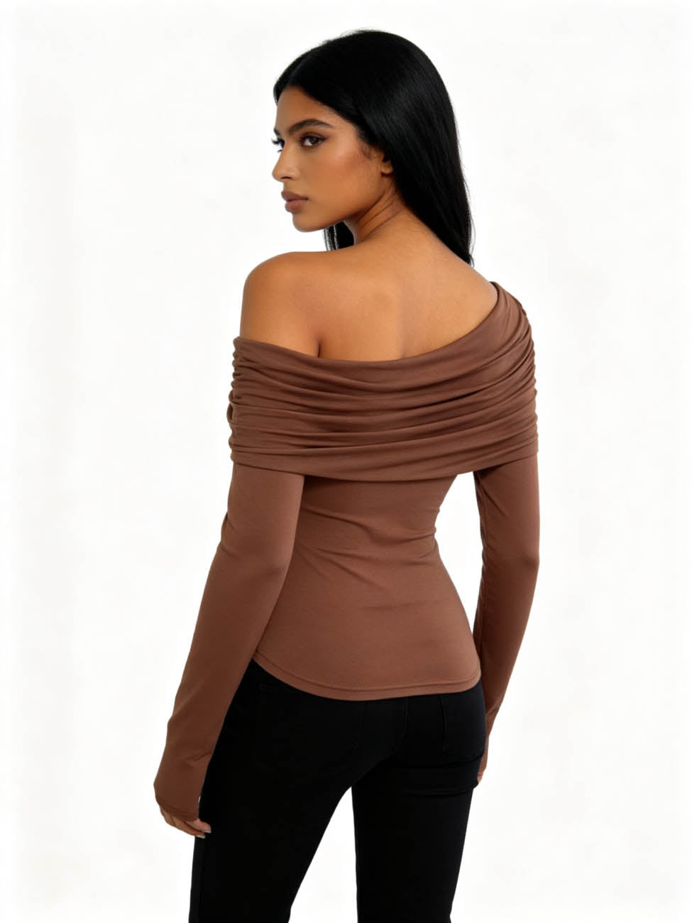 Women's Off Shoulder Ruched Long Sleeve Slim Fit Top – Soft Stretch Asymmetrical Neck Casual Going Out Blouse