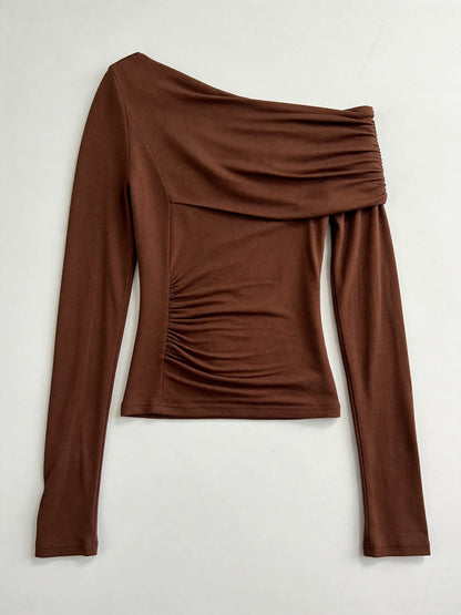 Women's Off Shoulder Ruched Long Sleeve Slim Fit Top – Soft Stretch Asymmetrical Neck Casual Going Out Blouse