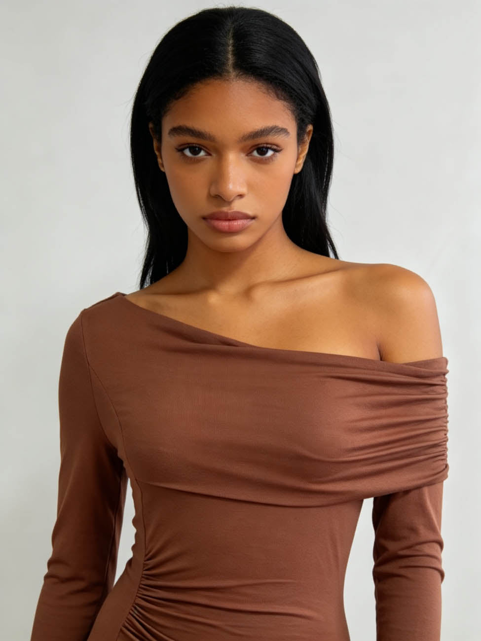 Women's Off Shoulder Ruched Long Sleeve Slim Fit Top – Soft Stretch Asymmetrical Neck Casual Going Out Blouse