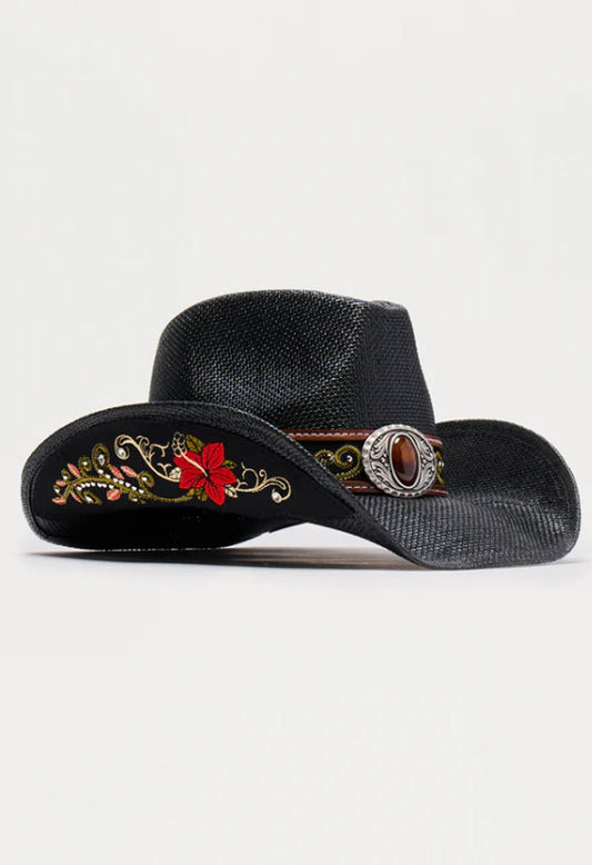Unisex Embroidered Cowboy Hat – Western Style Wide Brim Hat with Floral Detail & Decorative Band, Black Festival Ranch Hat
