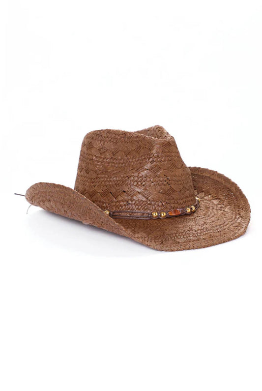 Unisex Woven Cowboy Hat – Western Style Straw Sun Hat with Beaded Band, Lightweight Wide Brim Brown Ranch Ha