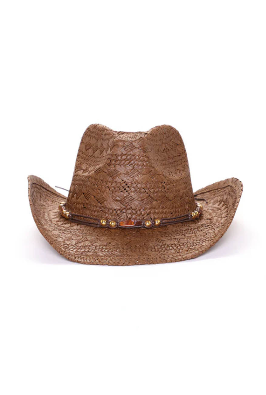 Unisex Woven Cowboy Hat – Western Style Straw Sun Hat with Beaded Band, Lightweight Wide Brim Brown Ranch Ha