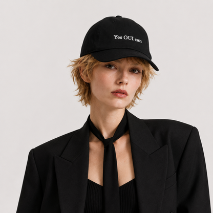 Cherie Code Yes OUI Can Embroidered Dad Hat, Soft Cotton Unstructured Baseball Cap, Black One Size Adjustable French Pun Motivational Hat