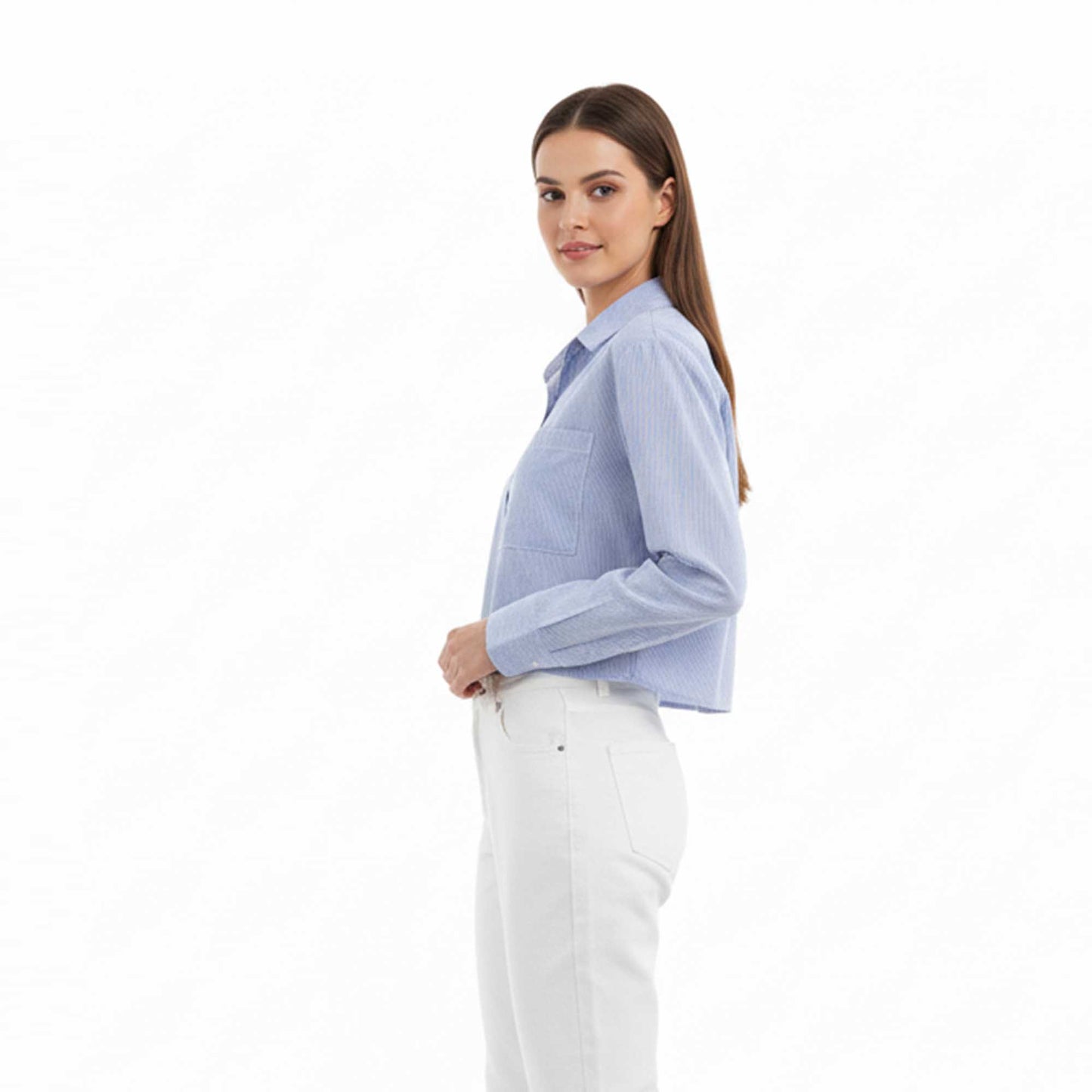 Women Blue Stripe Button-Down Shirt with Turn-Down Collar & Cuffed Sleeves – Polyester-Cotton Blend Cherie Code